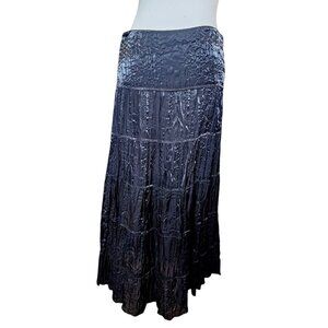 Y2K Womens Maxi Skirt‎ Black Tiered Crinkle Irresdescent Whimsigoth Size M 8 10